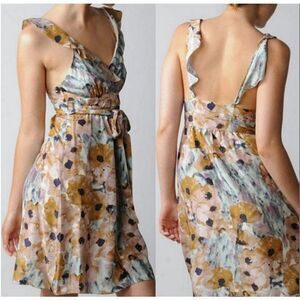 Theory Galla Dress Silk Watercolor Wrapover Bodice Open Back Ruffled Tie Waist 8
